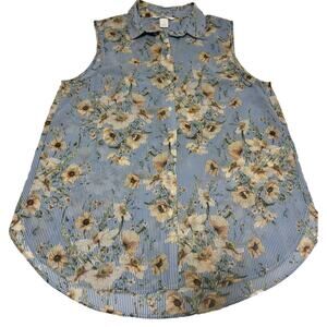 H&M Women’s Sz 8 Sleeveless Button Up Sheer Floral Striped Cottage Prairie Boho